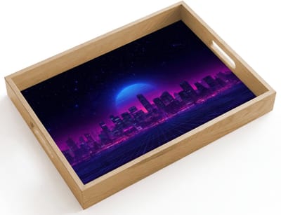 Dienblad hout 40x30 cm - Schootdienblad - Skyline - Zon - Neon - Rasterpatroon - Borrelplank rechthoek - Plateau dienbladen