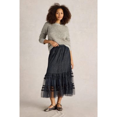 White Stuff Nova Tulle Sparkle Skirt Navy Multi Maat: 10 | Midi Rokken Outlet | Dames | Blauw