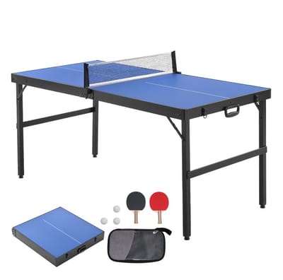 Tafeltennistafel - Opvouwbare middelgrote pingpongtafel - Draagbaar met handvat en draagtas - Inclusief net, 2 bats en 3 ballen - MDF blad