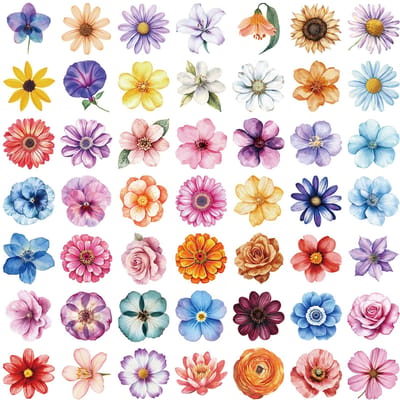 50 Pièces d'Autocollants Transparents Cartoon Floraux - Décor Fleur en PET Imperméable pour Journaux, Guitares & Carnets