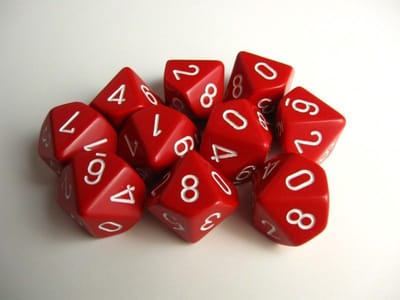Chessex Opaque Rood/wit D10 Dobbelsteenset (10 stuks)
