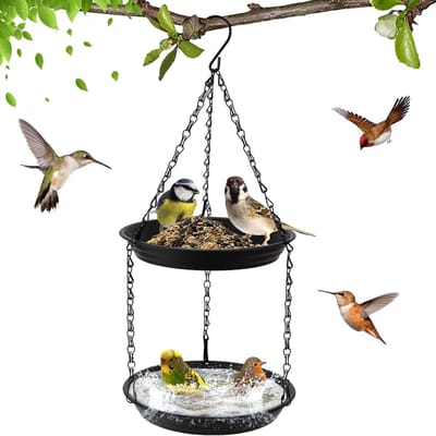 Voederstation en Vogelbad voor Hangend Gebruik, 2-in-1 Ontwerp, Winterbestendige Waterkom voor Tuin en Balkon, Geschikt voor Alle Seizoenen, Vogelvoeding en Tuinaccessoires