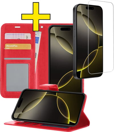 Hoesje - Met Screenprotector - Geschikt voor Apple iPhone 16 Pro - Luxe Pasjeshouder - Bookcase Portemonee - Flip Case - Kunstleer Book Case - Flipcase - Book Cover - Walletcase - Portemonneehoes - Telefoonhoesjes - Rood
