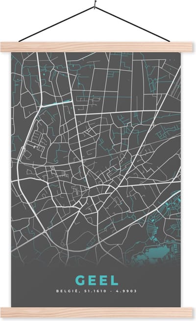Posterhanger incl. Poster 40x60 cm - Schoolplaat - Kaart – Plattegrond – Stadskaart – Geel – België - Grijs - Textielposter - Blanke latten - Stadskaart