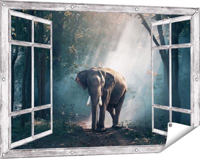 Gards Tuinposter Doorkijk Olifant in het Bos met Zonneschijn - 120x80 cm - Tuindoek - Tuindecoratie - Wanddecoratie buiten - Tuinschilderij
