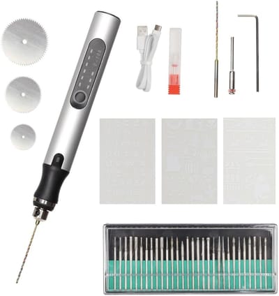 Draadloze graveerpen - Mini graveerder - Hout metaal graveren - Oplaadbaar met 36 bits - 4.9 inch pen - Zilver