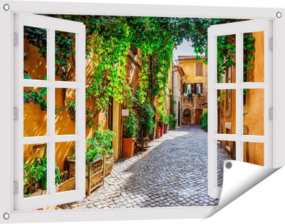 Gards Tuinposter Doorkijk Straatje in Rome met Groene Planten - 90x60 cm - Tuindoek - Tuindecoratie - Wanddecoratie buiten - Tuinschilderij
