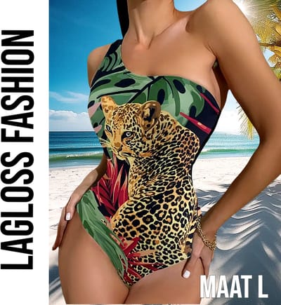 LaGloss® Badpak Luipaardprint – Asymmetrisch Eén-Schouder Zwempak – Trendy & Sexy – Maat L
