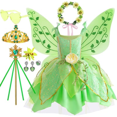 Elf Film Tinkerbell Meisjes Speel Fee Jurk Groene Salopette Rok Met Vleugels en Bloem Kerstcadeau voor Meisjes 4T(tag 120) beige
