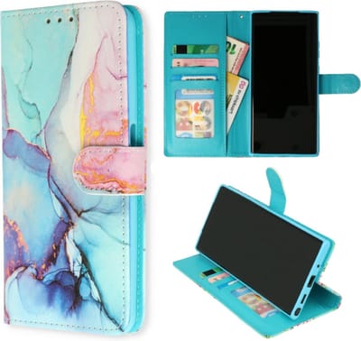 Cityhoesje-iPhone 15 Pro Max – Bookcase- Marmer Roze Blauw