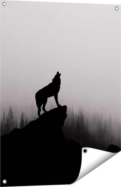 Gards Tuinposter Silhouet van een Huilende Wolf - Abstract - 60x80 cm - Tuindoek - Tuindecoratie - Wanddecoratie buiten - Tuinschilderij