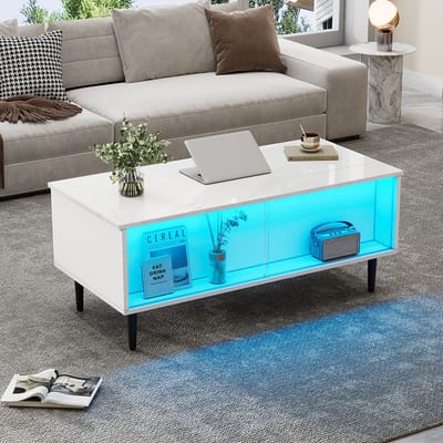 Pugsdrly 105 x 50 x 43 cm Salontafel In hoogte verstelbare salontafel met verborgen opbergruimte, salontafel met ledverlichting, salontafel met opbergruimte en displayoppervlak van gehard glas, wit Met 4 poten