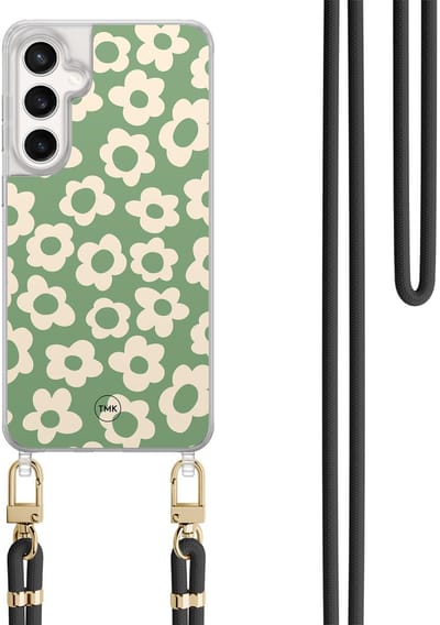 Telefoonhoesje met koord geschikt voor Samsung S24 FE - Retro cute flowers - Inclusief Zwart koord - Transparant, Groen - Bloemen - Crossbody beschermhoes - Met Telefoonketting