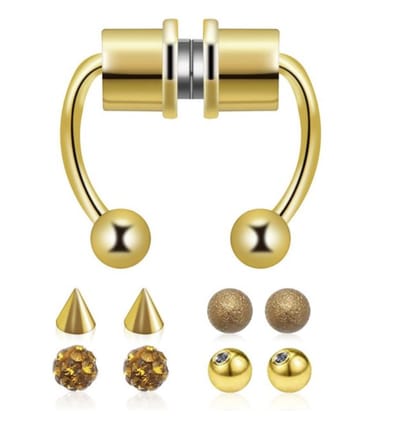 Cabantis Punk Neuspiercing - Fake Piercing - Neusring - Oorbellen - Festival - Magnetisch - Uitwisselbaar - Goudkleurig 4 delig