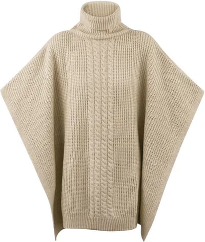 Poncho - Beige - Gebreid met kabel en hoge col - 100 x 68 cm