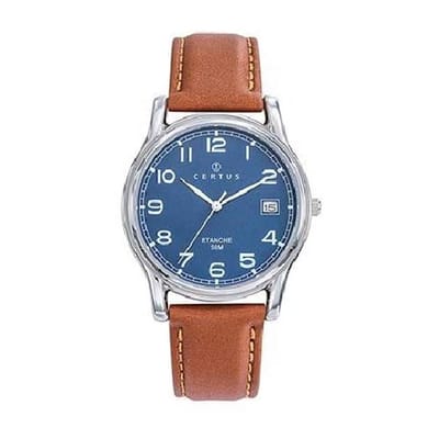 Certus-Herenhorloge-datum-5 atm waterdicht-zilverkleurig-blauwe wijzerplaat-bruin leder-diameter 35 mm-made in France