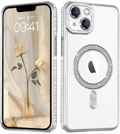 Hoesje met Diamantjes en Glitter geschikt voor iPhone 13 Magsafe - Glitter Hoesje met Diamantjes geschikt voor iPhone 13 - Zilver