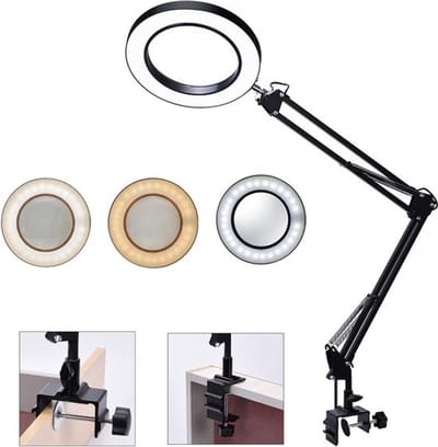 Bealive® Vergroot glas - Inclusief LED verlichting - 3 settings - Diameter: 16 cm - 5x vergroot - Draaibaar - 5V - Zwart - Klem bevestiging - Handig voor klussen, lezen of creatieve bezigheden