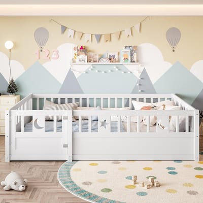Gutent-Kinderbed 140x190cm met ster-maan-decor-raster-wit-met-matras