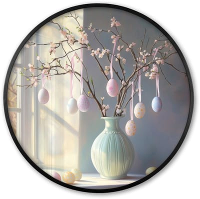 Poster in lijst Rond - Fotolijst 60x60 cm - Posters - Stilleven - Vaas - Paastak - Ronde posterlijst zwart - Decoratie - Wanddecoratie woonkamer - Muurdecoratie slaapkamer