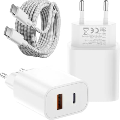 2-in-1 usb-C Power Adapter + usb-C naar usb-C Kabel - 3 Meter - Snellader usb-C + usb-A - 2 Poorten Oplader
