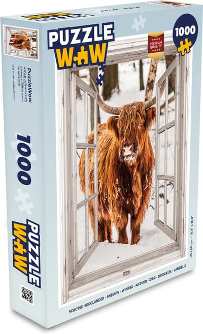 Puzzel Schotse Hooglander - Sneeuw - Winter - Natuur - Dier - Doorkijk - Landelijk - Legpuzzel - Puzzel 1000 stukjes volwassenen
