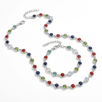 Zilverkleurige ketting en armband voor dames met ronde meerkleurige kralen – sieradenset