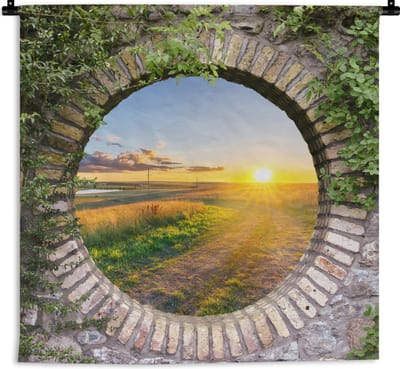Wandkleed - Wanddoek - Platteland - Doorkijk - Zon - 180x180 cm - Wandtapijt