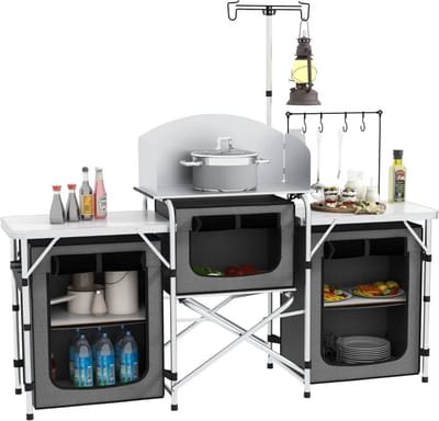 Campingkeuken - Kampeerkast - Opvouwbaar - Campingkast - Afsluitbare compartimenten - Stevige werkbladen - Incl. windscherm- Grijs