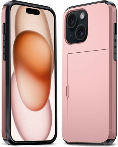 Hoesje Geschikt voor iPhone 15 Hoesje Pasjeshouder Shockproof Hard Case - Hoesje Geschikt voor iPhone 15 Hoes Met Kaarthouder - Rosé goud
