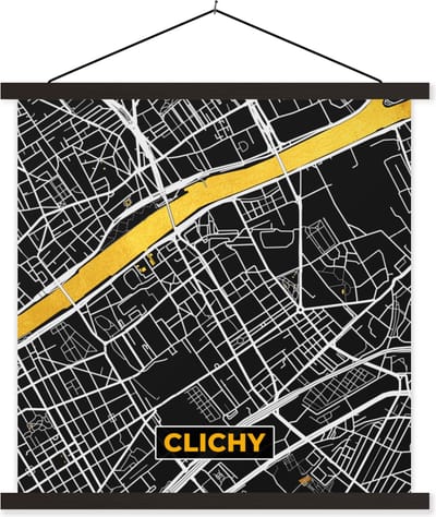 Posterhanger incl. Poster 60x60 cm - Schoolplaat - Plattegrond - Frankrijk - Clichy - Stadskaart - Kaart - Textielposter - Zwarte latten - Stadskaart