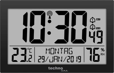 Technoline 8016 radiogestuurde wandklok met temperatuurweergave, kunststof, zwart, 225 x 143 x 24 mm, WS8016SCHWARZ, 225 x 24 x 143 mm