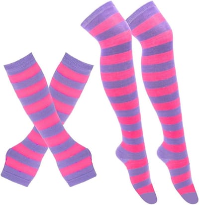 Gestreepte Overknee Kousen met Armwarmers voor Dames, Lange Kousen, Vingerloze Handschoenen en Mouwset voor Comfort en Stijl
