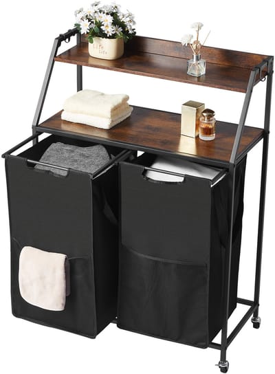 2-Laags Wasmand, met Metalen Frame en Houten Top, Rollende Mand met Dubbele Compartimenten en Ladderplanken voor Het Sorteren van Kleding