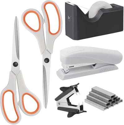 Kantoorbenodigdheden Set, Basisstijl met Schaar, Nietmachine, Nietjes, Nietjesverwijderaar, Tape Dispenser en Tape in Wit en Oranje voor Efficiënt Werken