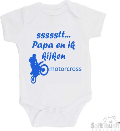 100% katoenen Romper "ssssstt... Papa en ik kijken motorcross" Jongens Katoen Wit/blauw Maat 56/62