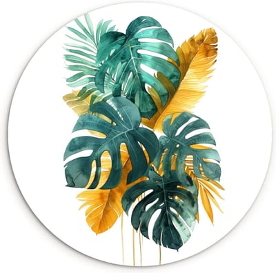 WallCircle® Wandcirkel 90x90 cm - Muurcirkel Bladeren - Tropisch - Goud - Groen - Modern - Planten - Muurdecoratie woonkamer - Wanddecoratie slaapkamer - Kamer decoratie accessoires - Ronde schilderijen - Woonaccessoires cirkel binnen