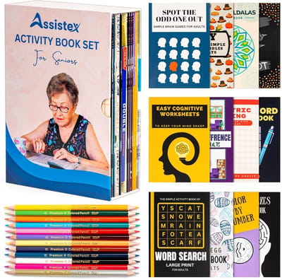 Grote bedrukte activiteitenboekenset voor senioren - Eenvoudige puzzels en woordboeken voor geheugenverlies