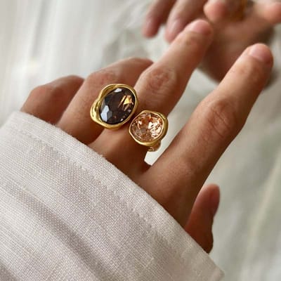 Vintage Bruine Kristallen Elliptische Open Ringen Voor Vrouwen Luxe Strass Contrasterende Geometrische Verstelbare Vingerring Sieraden brown