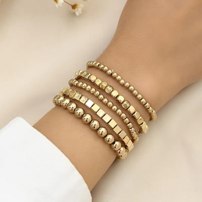 Boho Handgemaakte Kralen Armband Set Voor Vrouwen Mannen Strand Stijlen CCB Elastische Kralen Ketting Armband Koppel Mode Sieraden 18cm beige