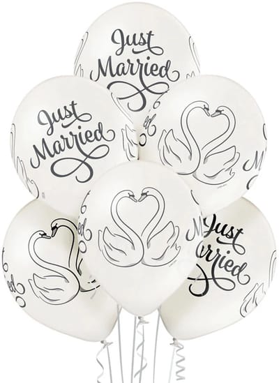 Set van 6 “Just Married” ballonnen – 30 cm – Witte latex – Voor lucht of helium Belbal PRO/ Loose verpaking (geen plastic verpakking)