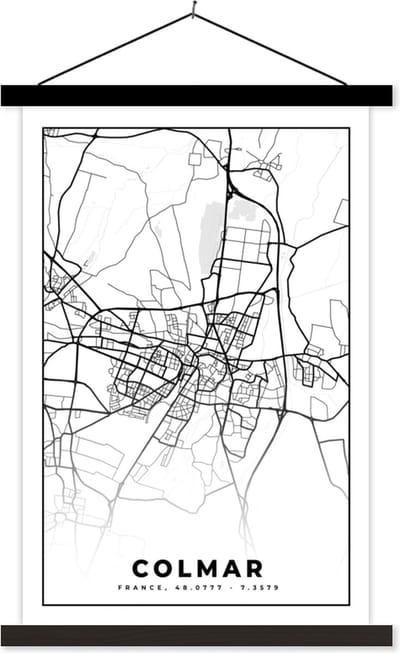 Posterhanger incl. Poster 40x60 cm - Schoolplaat - Colmar - Stadskaart - Frankrijk - Kaart - Plattegrond - Zwart wit - Textielposter - Zwarte latten - Stadskaart