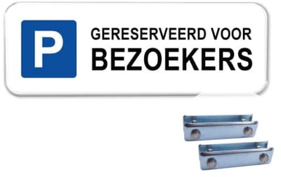 Parkeerbord Gereserveerd voor Bezoekers - Weerbestendig Aluminium - 40x15 cm - Bevestiging: Met hekbeugels (voor spijlen- of gaashek)