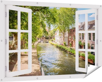 Gards Tuinposter Doorkijk Oudegracht in Utrecht - 150x100 cm - Tuindoek - Tuindecoratie - Wanddecoratie buiten - Tuinschilderij