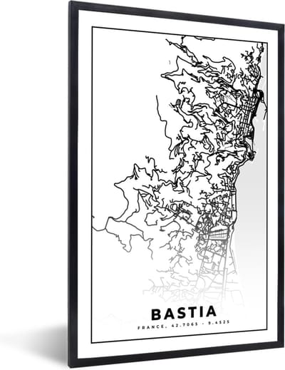 Fotolijst incl. Poster Zwart Wit- Stadskaart – Plattegrond – Kaart – Bastia - Frankrijk - Zwart wit - 40x60 cm - Posterlijst