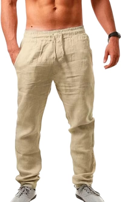 Heren Katoen-Linnen Broek – Casual Losse Zomerbroek met Elastische Taille, Ademende Vrijetijdsbroek, Streetwear Broek voor Lente, Zomer en Herfst, Comfortabele Heren Broek Los Model - Beige - Maat M