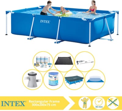 Intex Rechthoekig Frame Zwembad - 300 x 200 x 75 cm - Blauw - Inclusief Afdekzeil - Onderhoudspakket - Zwembadfilterpomp - Filter - Grondzeil - Stofzuiger - Solar Mat - 8-delig