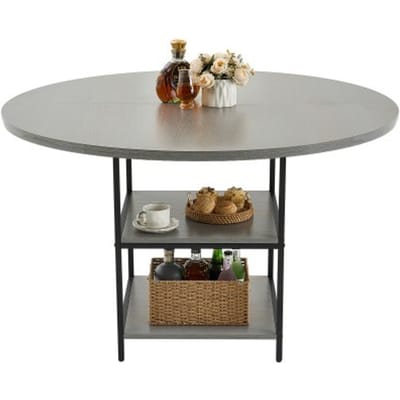 VEVOR Ronde eettafel Houten keukentafel (120 cm / 136,1 kg draagvermogen) voor 4-6 personen, moderne vrijetijdstafels met opbergruimte en metalen poten, voor keuken thuis en woonkamer, grijs (alleen tafel)