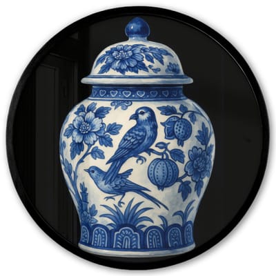 Poster in lijst Rond - Fotolijst 40x40 cm - Posters - Pot - Delfts Blauw - Bloemen - Ronde posterlijst zwart - Decoratie - Wanddecoratie woonkamer - Muurdecoratie slaapkamer