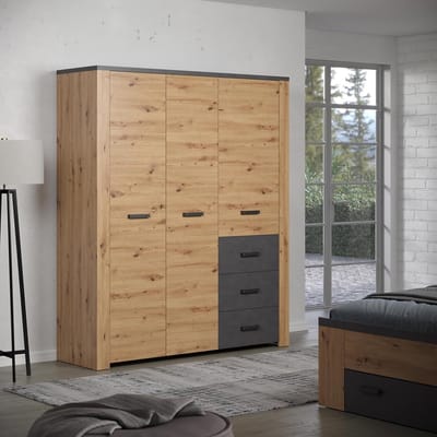 Kledingkast Houtlook met 3 Deuren en 3 Laden 212 x 171 x 60 cm - Grote Garderobekast met Verstelbare Planken en Kledingstang, Moderne Kast voor Slaapkamer, Artisan Eiken en Matera Design - Vermissen